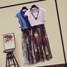 Set: Cap-sleeve Lettering Chain Top + Printed Midi Skirt
