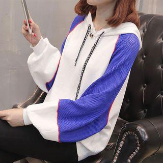 Color Block Mesh Panel Knit Hoodie