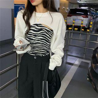 Asymmetrical Long-sleeve Sweatshirt / Zebra Pattern Halter Tank Top
