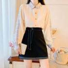 Long-sleeve Plaid Trim Chiffon Shirt / Fitted Mini Skirt / Set