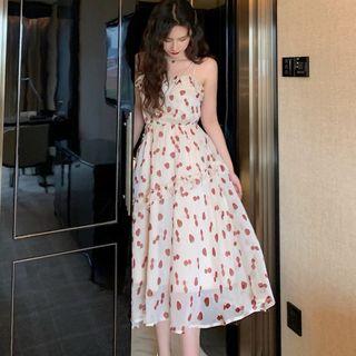 Strawberry Printed Strappy Chiffon Dress