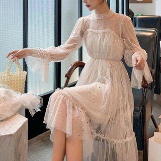 Long-sleeve Star Sequin Midi Mesh Dress