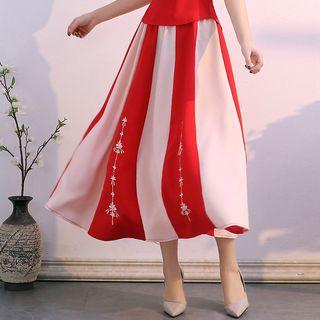 Color Block Midi A-line Skirt Skirt - As Shown In Figure - One Size