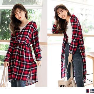 V-neck Plaid Long Sleeve Shirtdress