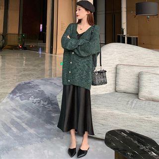 Glitter Cardigan / Spaghetti Strap Satin Midi Dress