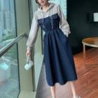 Long-sleeve Mock Two-piece Hooded Denim Midi Dress