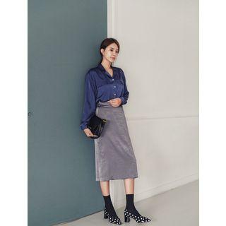 Plus Size Notched-collar Pocket Satin Blouse