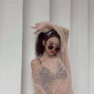 Long-sleeve Off-shoulder Open Knit Top Pink - One Size