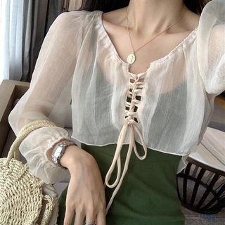 Puff-sleeve Lace-up Cropped Blouse Almond - One Size