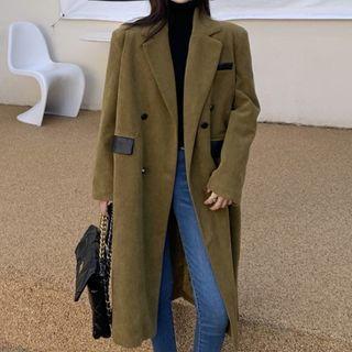 Double-breasted Long Coat Brownish Green - One Size