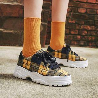 Genuine Leather Platform Plaid Lace-up Sneakers
