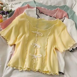 Contrasted Ruffled-edge Crop Knit Top In 5 Colors