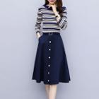 Set: 3/4-sleeve Striped Knit Top + Buttoned A-line Skirt