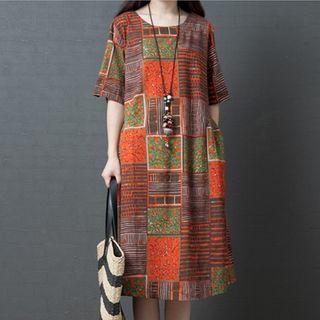 Elbow-sleeve Printed Panel Midi A-line Dress