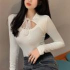 Tie Neck Long-sleeve Top White - One Size