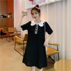Short-sleeve Collared A-line Dress Black - One Size