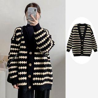 Striped V-neck Cardigan Black & Beige - One Size