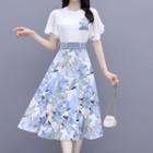 Set: Short-sleeve Floral Print T-shirt + Floral Print Midi A-line Skirt