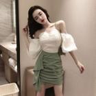 Off-shoulder Shirred Blouse / Ruffled Mini A-line Skirt