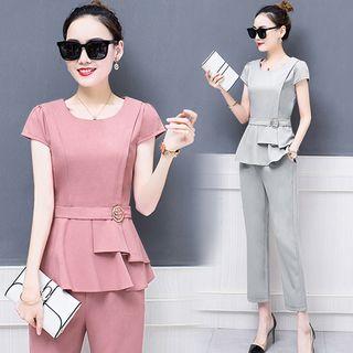 Set: Cap Sleeve Belt Top + Cropped Pants