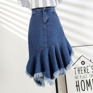 Frayed Ruffle Hem Midi Denim Skirt