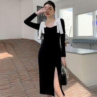 Lon-sleeve Slit Midi Sheath Dress