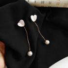 Shell Heart Faux Pearl Dangle Earring 1 Pair - S925 Silver Stud Earrings - White & Gold - One Size