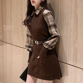 Set: Balloon-sleeve Plaid Shirt + Ribbed Long Knit Vest