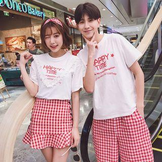 Couple Matching Set: Lettering Short-sleeve T-shirt + Ruffle Hem A-line Skirt / Set: Lettering Short-sleeve T-shirt + Checked Shorts