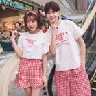 Couple Matching Set: Lettering Short-sleeve T-shirt + Ruffle Hem A-line Skirt / Set: Lettering Short-sleeve T-shirt + Checked Shorts