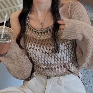 Set: Spaghetti Strap Knit Top + Cardigan Spaghetti Strap Top - Coffee - One Size / Cardigan - Coffee - One Size