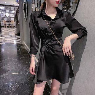 Asymmetric Shirred 3/4-sleeve Mini A-line Shirtdress
