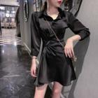 Asymmetric Shirred 3/4-sleeve Mini A-line Shirtdress