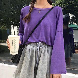 Set: Plain Long-sleeve T-shirt + Drawstring Shorts As Shown In Figure - One Size