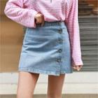 Button-side Denim Miniskirt
