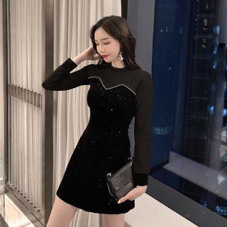 Long-sleeve Knit Panel Mini Velvet Dress