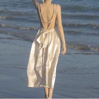 Open Back Faux Pearl Midi A-line Dress