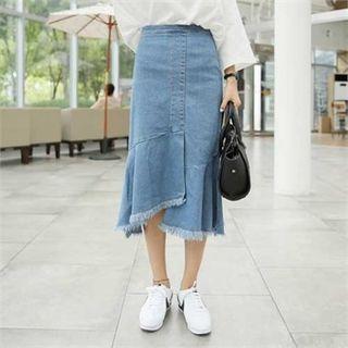 Asymmetric Fringe-hem Denim Long Skirt