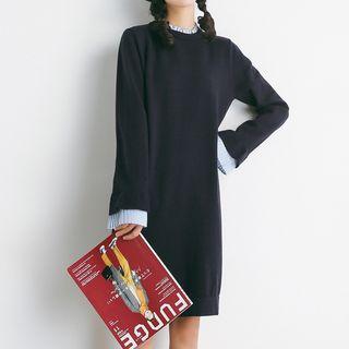 Pleated Hem Long-sleeve Midi Dress Navy Blue - One Size