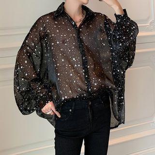 Long-sleeve Sequin Loose-fit Sheer Shirt