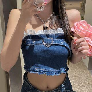 Lace Trim Ruffle Denim Tube Top