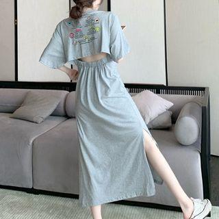 Elbow-sleeve Lettering Print Cutout Midi A-line Dress