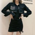 Denim Cropped Jacket / Spaghetti Strap Drawstring Mini Bodycon Dress