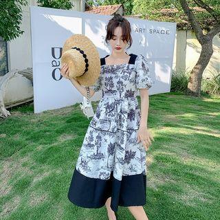Square-neck Print Color Block Panel Dress