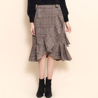 Ruffle-hem Glen-plaid Wrap Skirt