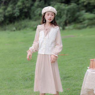 Set: Lace Vest + Long-sleeve A-line Dress