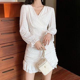 Long-sleeve V-neck Plain Ruffle Trim Slim Fit Dress