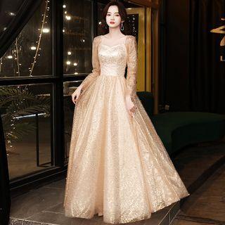 Long-sleeve Jacquard A-line Evening Gown