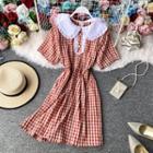 Collared Floral Print Short-sleeve Check Dress