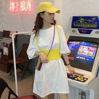 Set: Crew-neck Elbow-sleeve T-shirt Dress + Knitted Camisole Top